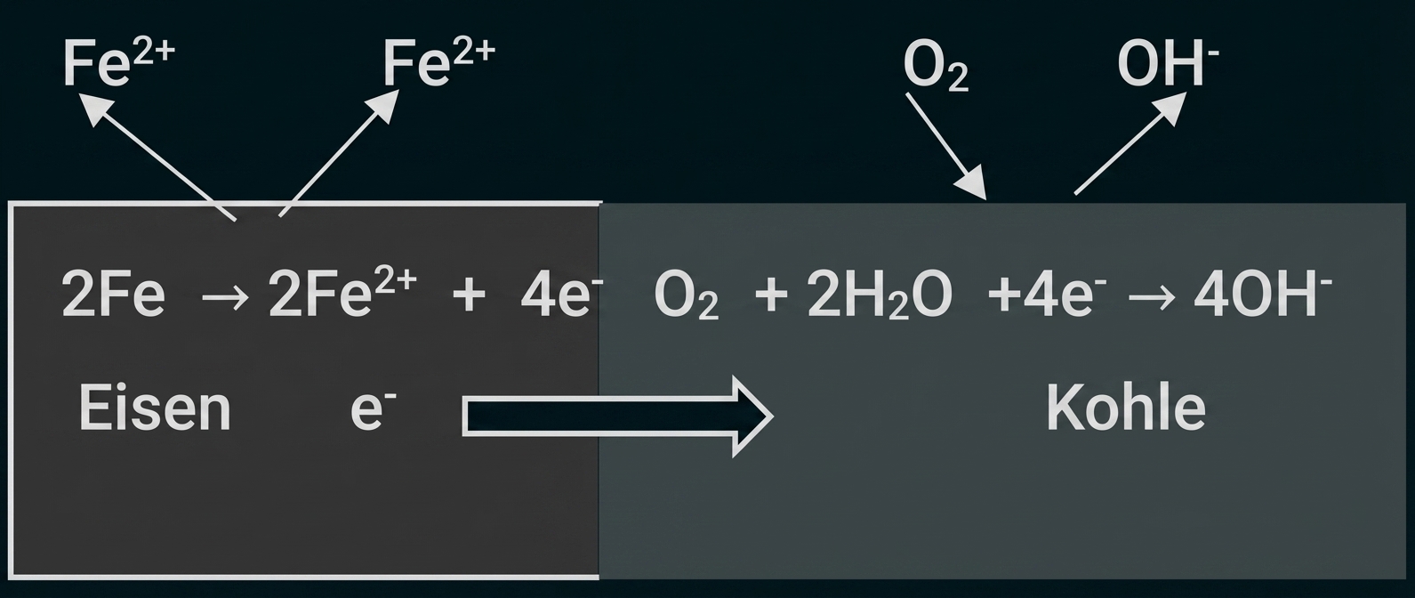 Schematische Darstellung: Eisen oxidiert zu Fe2+, Elektronen wandern zur Kohlenstoff-Elektrode, Sauerstoff wird zu OH- reduziert.
